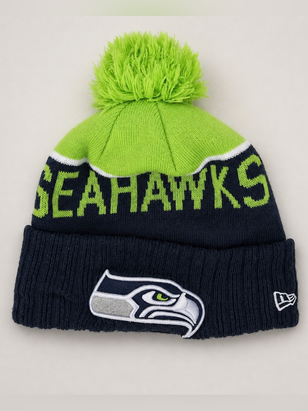 Seattle Seahawks beanie in neon green and navy blue